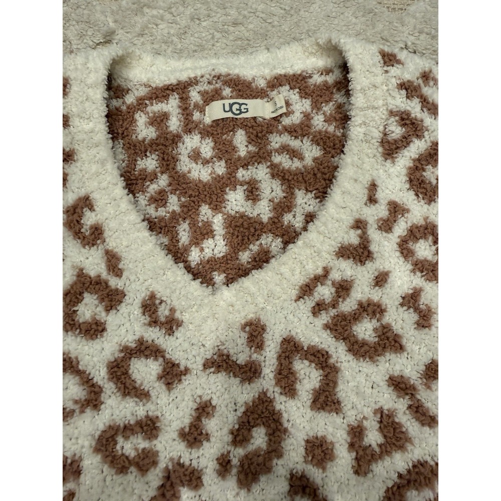 UGG Cecilia Natural Leopard Blush Animal Print Ivory V-Neck Plush Soft Sweater S - Picture 5 of 8